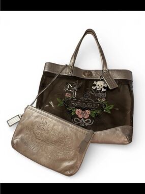 Coach Parker Tattoo Magazine Tote/Lg. Wristlet, Skull Bag Charm Set, SUPER RARE